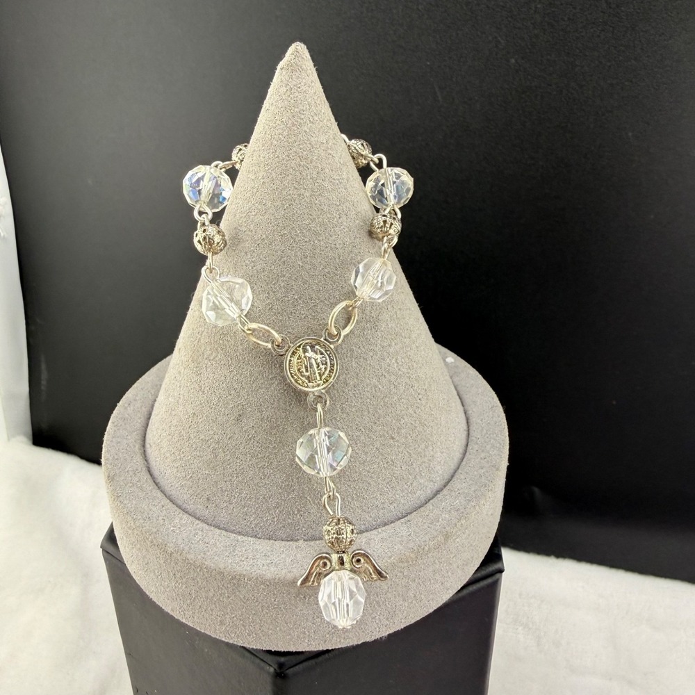 Vintage Rosary Bracelet Silver Beaded Rhinestone Angel Saint Benedict 5"
